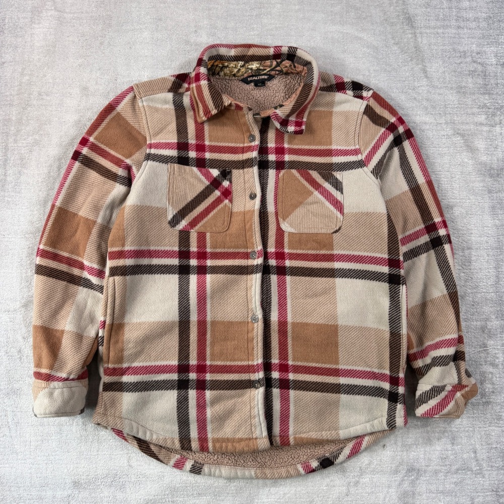 Realtree Jacket Women Small Tan Plaid Sherpa Lined Shirt Shacket Outdoor Flannel